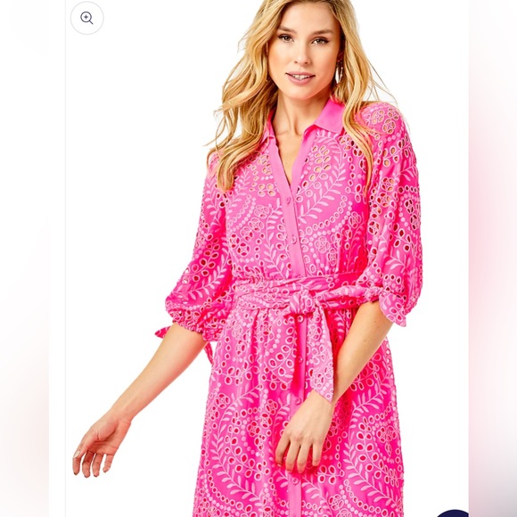 Lilly Pulitzer Amrita Midi Shirtdress in Pink Isle Swirly Fern Scalloped… - Picture 7 of 13